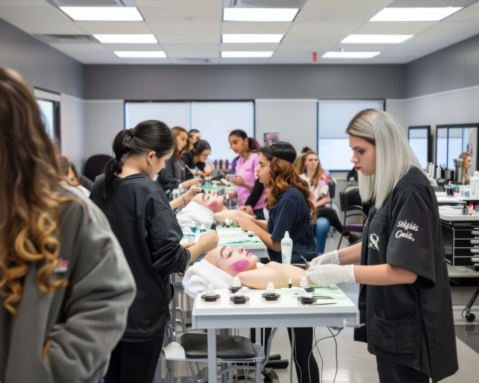 Is Cosmetology School Worth It? The Complete 2025 Guide with Real Data 4 Cosmetology & Spa Academy students practicing facial treatments and skincare techniques in a classroom setting.