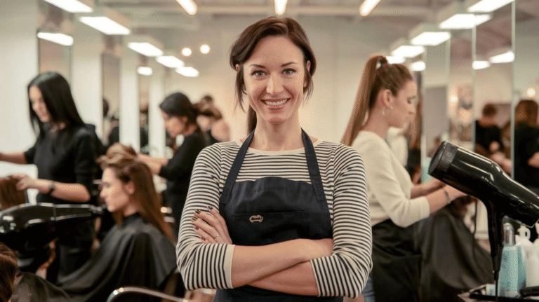 Student looking at camera and other students training at saloon in the background.