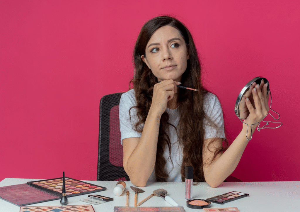 Makeup Artist Career Guide: Do You Need a Cosmetology License to Be an MUA? 3 Woman sitting at a makeup table with brushes and palettes, holding a small mirror and thinking about makeup choices.