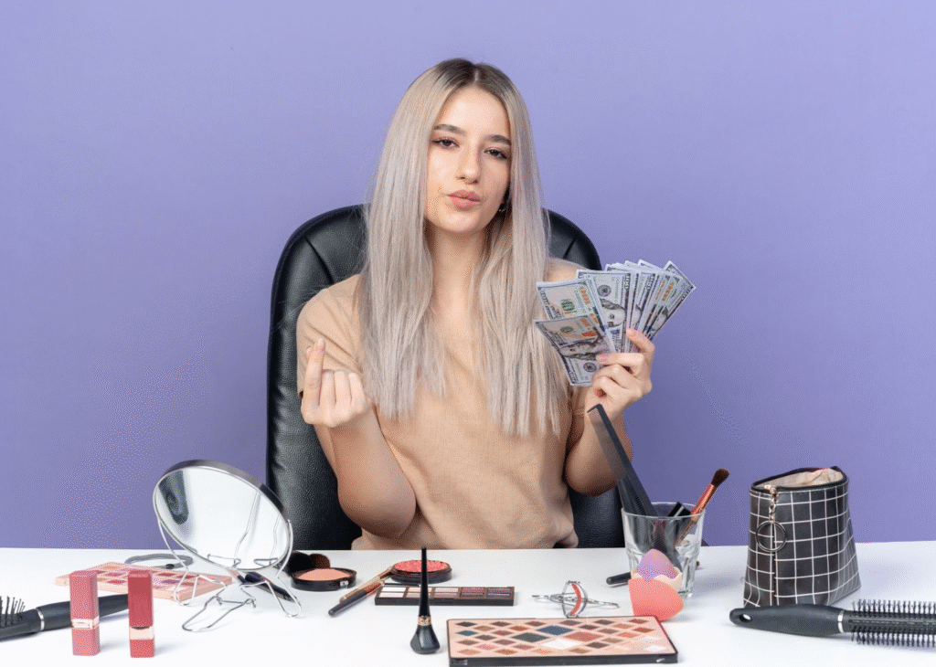 Top Paying Beauty Careers in Illinois 1 Aspiring cosmetologist in Illinois holding cash with makeup products on desk