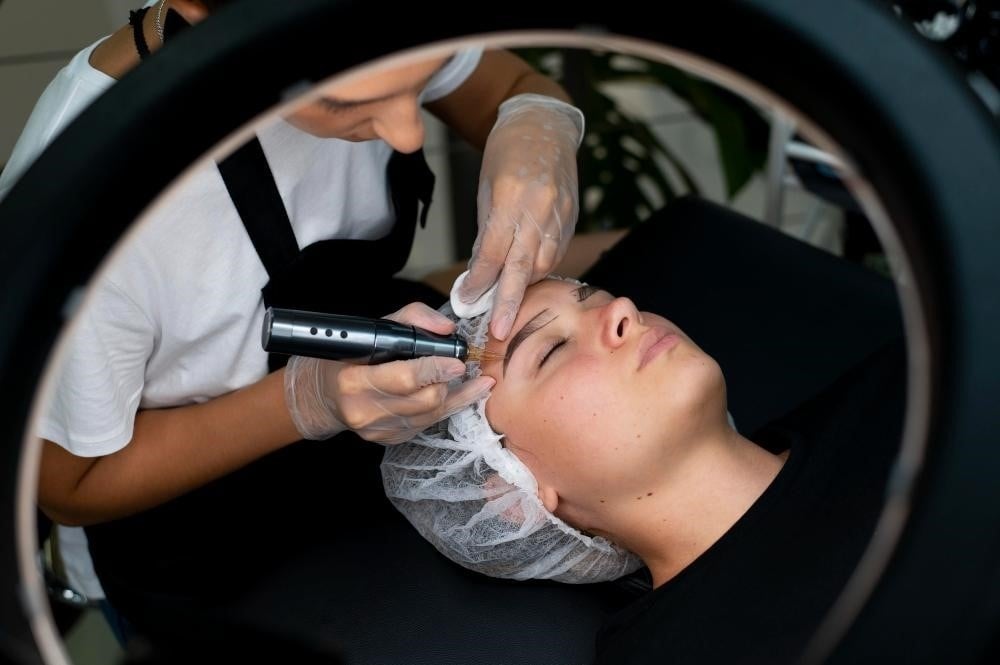 Person getting their eyebrows done by a professional eyebrow tech.
