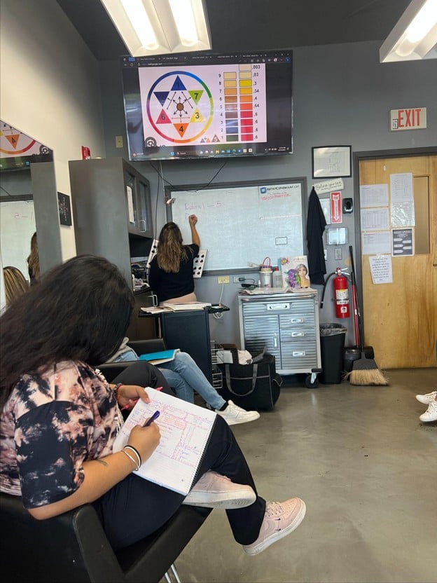 Students attending a cosmetology theory class at Cosmetology & Spa Academy in Illinois, learning skin tone and undertone analysis as part of esthetics training.
