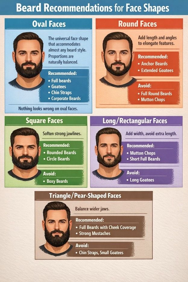 Beard style guide showing recommended beard shapes for oval, round, square, long, and triangle face shapes.