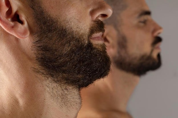 Side profile of men with thick full beards showing beard density and grooming styles.