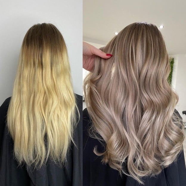 Hair color transformation before and after showing balayage styling for a cosmetology portfolio example.