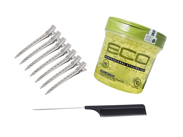 Finger waves tools including styling gel, duckbill clips, and rattail comb for creating defined waves