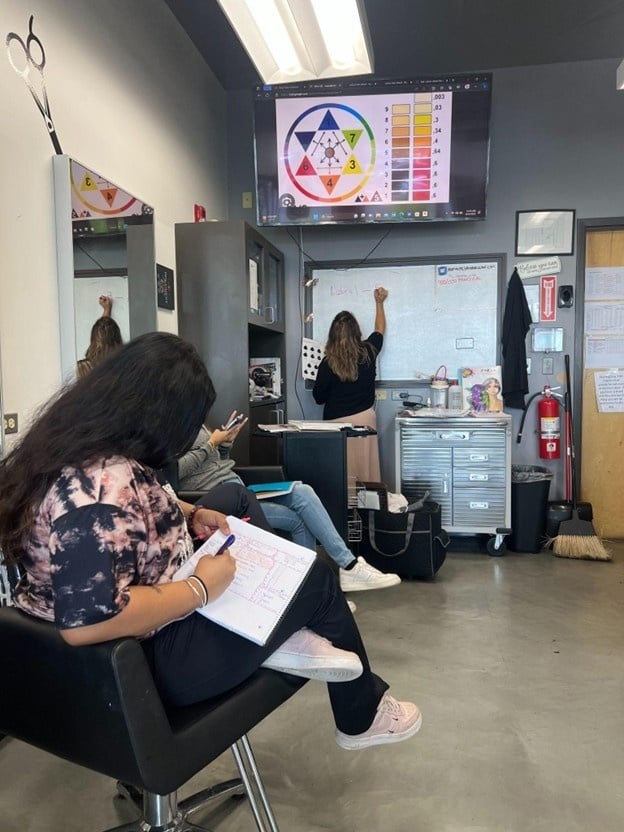 students learning about color theory at Cosmetology & Spa Academy, one of the best cosmetology schools in Illinois